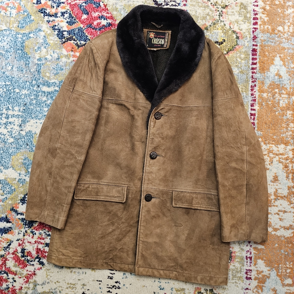 VTG 1960's Cresco Suede Sport Coat Jacket Fleece Lined Men's Size 40 Tan/Brown